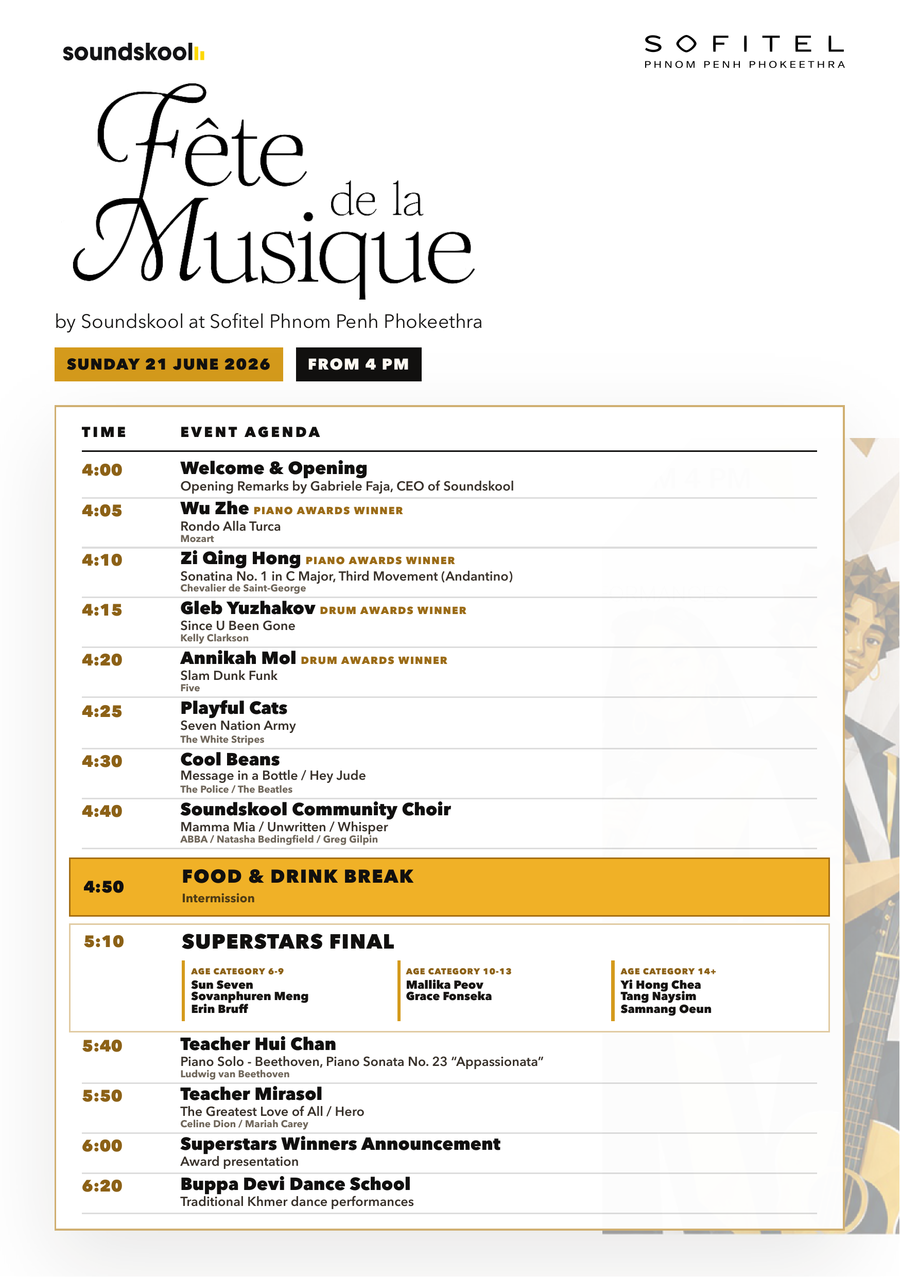 Latest Fête de la Musique by Soundskool event agenda for Sunday 21 June 2026