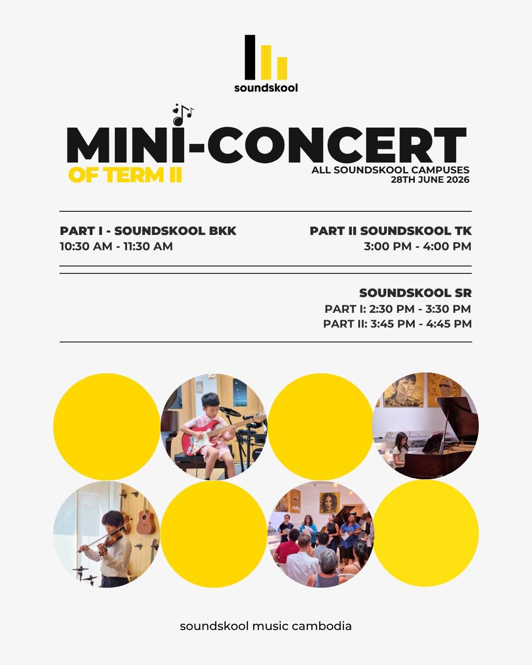 Mini-Concert of Term II 2026 poster with Soundskool campus performance times