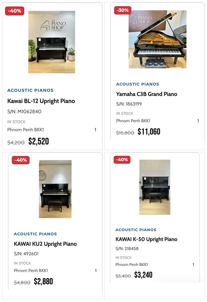 Acoustic pianos at The Piano Shop — Kawai and Yamaha uprights and grands