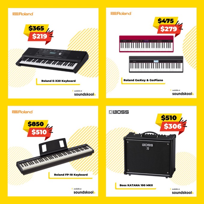 Roland keyboards and amps clearance — E-X20, Go:Keys, FP-10, Boss Katana