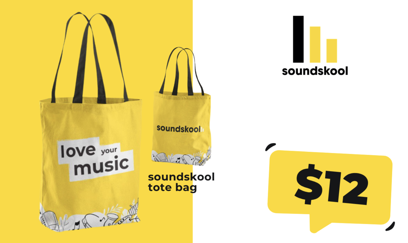Soundskool tote bag with $12 price